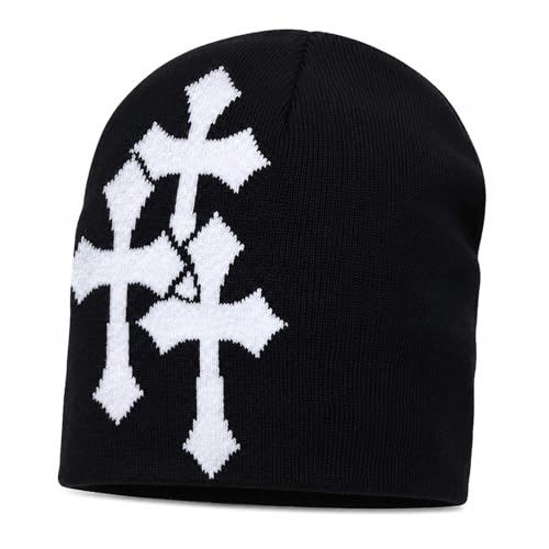 QCWN Y2K Beanie Cross Graphic Slouchy Knit Hat Men Women Punk Streetwear Grunge Goth Skull Cap Outdoor Autumn Winter Gift
