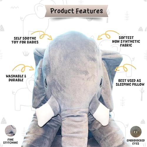 Image of Storescent Big Fibre Filled Baby Pillow | Elephant Plush Hugging Toy for Kids | Soft Stuffed Animal Pillow for Boys & Girls -60cm, Grey