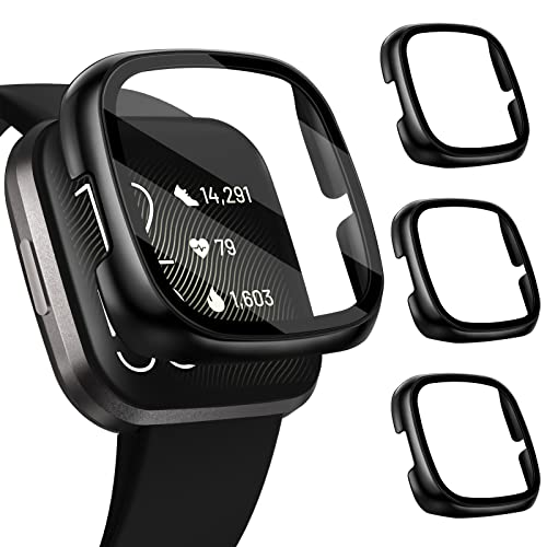[3 Pack] iVoler Screen Protector Tempered Glass for Fitbit Versa 2 Hard PC case with Bumper Cover Sensitive Touch Full Coverage Protective Case for Versa 2 Smart Watch Black