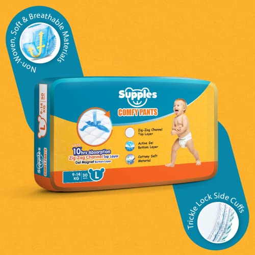 Image of Amazon Brand - Supples Comfy Diapers,Large (L),30 Count,9-14 Kg,10 Hrs Absorption&Cottony Soft Material Diaper Pants, Baby