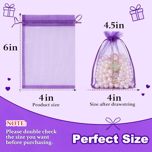 Image of Crweety 50 Pcs 4x6 Inch Purple Organza Bags, Small Mesh Gift Bags Drawstring, Elegant Scented Sachet Bag Empty for Graduation Jewelry Packaging, Wedding Birthday Party Favor & Bridal Shower Treats