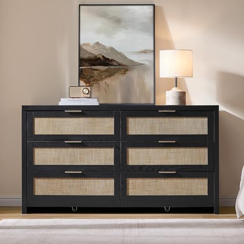 Image of SICOTAS Rattan Dresser for Bedroom, 57 inch Wide 6 Drawer Dresser with Ample Storage, Wooden Dressers Large Chest of Drawers, Closet, Boho TV Stand for Bedroom (Black Oak, 1 Piece)