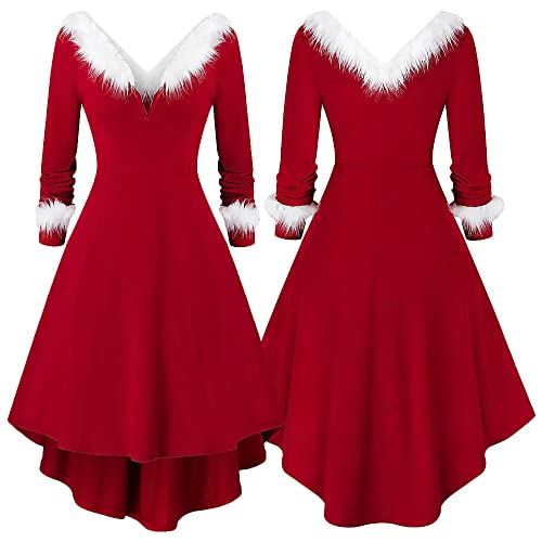 Yoaa Kerst speelse jurk met capuchon Midi kerstjurk kerstman pluizige jurk kerstjurk kerstjurk voor vrouwen rode prinsessenjurk met riem Xmas cosplay kostuum, B, XXL - Afbeelding 5