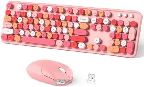 Wireless Keyboard and Mouse Combo, 104 Keys Full-Sized 2.4 GHz Round Keycap Colorful Keyboards, USB Receiver Plug and Play, for Windows, PC, Laptop, Desktop (Pink)