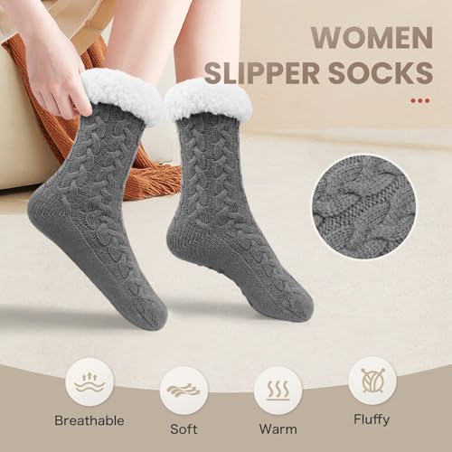 Image of Women's Fuzzy Warm Slipper Socks with Grips Cozy Fluffy House Socks Indoor Winter Non Slip