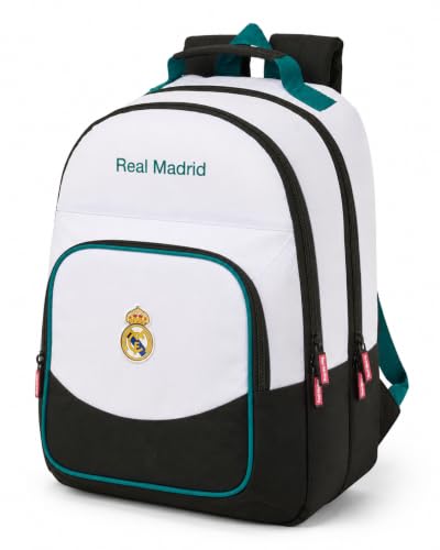 Safta | Mochila Escolar Real Madrid Equipación 26/27 Doble Adaptable a Carro (Sin Carro), 2 Compartimentos Grandes, Bolsillo Portabotellas, Niño y Niña, Medidas 32x16x42 cm