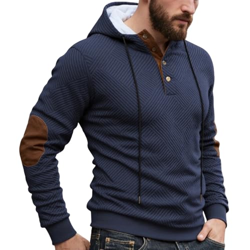 Mens Hoodies Quarter Button Up Pullover Long Sleeve Hooded Sweatshirts Casual Textured Stylish Hoodie for Men Fall2