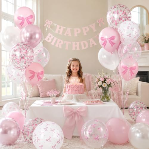 Image of Pink Bow Balloons, 60Pcs 12inch Girl Women Princess Birthday Party Balloons | Light Baby Pink Pearl White Balloons, Bow Printed Balloon Metallic Confetti Balloons for Baby Shower Bachelorette Party Decor