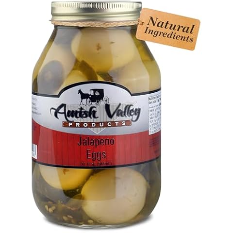 Amish Valley Products Jalapeno Eggs Quart Glass Jar (One QT Jar - 32 OZ) Cover