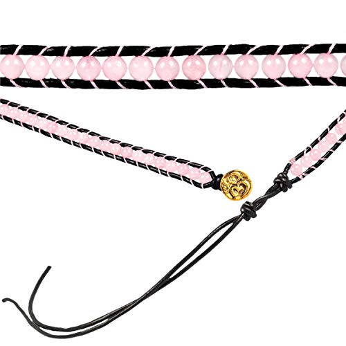 Nupuyai Handmade Leather Beaded Stone Wraps Bracelet Collection For Unisex Rose Quartz #TOP2