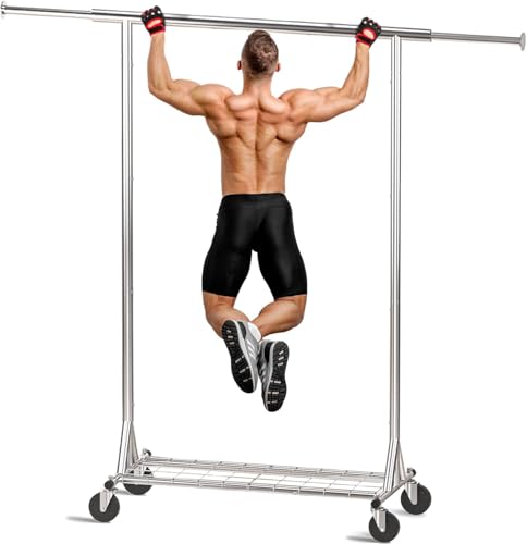VIPLEEO Clothing Garment Rack Capacity 550LBS Rolling Clothes Rack on Wheels - Heavy Duty Collapsible Commercial Storage Organizer - Mobile Clothes Rack with Multifunctional Design (Silver)