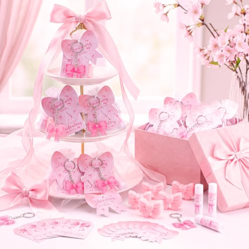 Image of 288 Pcs Baby Shower Favors Set for Guests,Pink,Bow | Boys Gender Reveal Party Set, Keychains Organza Bags Thank You Cards, Bear Theme Guest Favors, Complete Bulk Kit