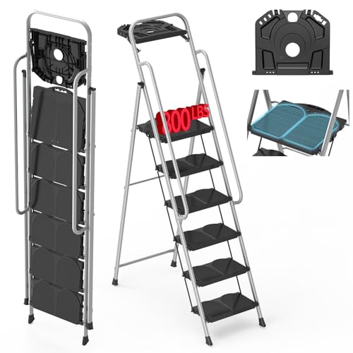 6 Step Foldable Step Ladder Stool with Roomy Tool Tray and Secure Handrail Foldable Platform Ladder 6 Step Folding Stepstools with Wide Pedals and 800lbs Weight Capacity for Adults Home Kitchen