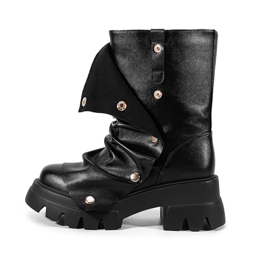 Atuelang Women's Slouchy Fold Over Boots Platform Wide Calf Shark Boots Pull On Fashion Short Booties