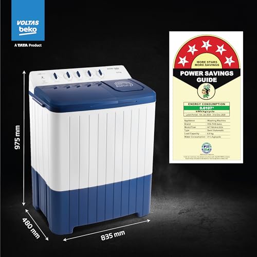 Image of Voltas Beko, A Tata Product 8 Kg 5 Star Semi-automatic Top Load Washing Machine with Double Waterfall Technology (WTT80UHA /OK5I0I0W01, Blue, 5 Knob Control Method)