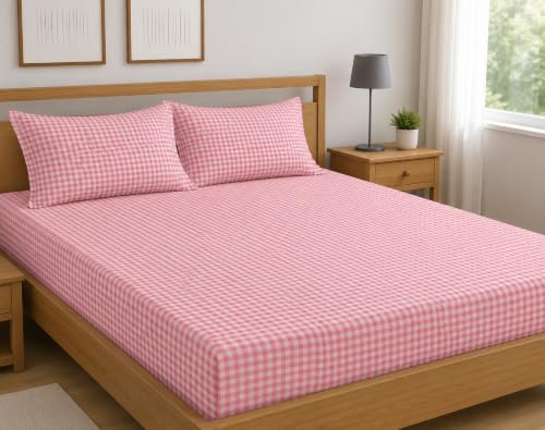 Image of Premium Cotton Fitted Bedsheet King Size 78 x 72 x 8 Inches with 2 Pillow Covers | 220 TC | All-Around Elastic Deep Pocket Bed Cover | Pink White Checks