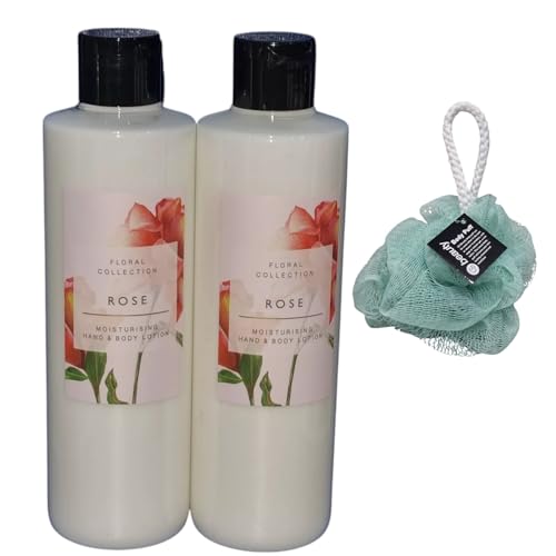 M & S Rose Scented Hand & Body Lotion Twin Pack 250Ml - Moisturising With Free Beauty Body Puff(Any Colour)
