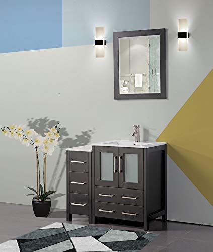 Vanity Art 36 Inch Single Sink Modern Bathroom Vanity Combo Set 1 Side Cabinet 1 Shelf 5 Dove-Tailed Drawers Ceramic Top Bathroom Cabinet With Free Mirror Va3024-36-E #TOP1