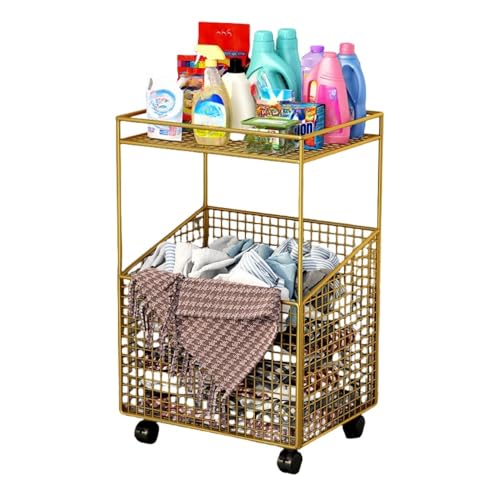 Rolling Wire Laundry Basket Garment Storage Cart Metal Luandry Cart Easy Moved with Wheels Have Brake, Laundry Basket,Rolling Basket for Room Organizer, Garment Laundry and Storage(Gold)