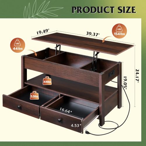 Image of WLIVE Lift Top Coffee Table with LED and 2 Drawers, Espresso