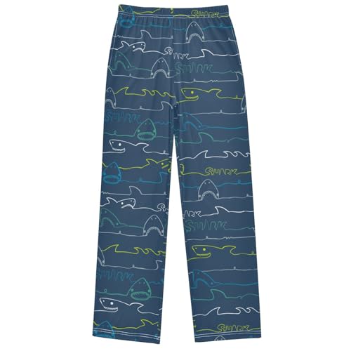 Boy's Pj Pants Blue White Green Line Shark Wave Lounge Bottoms Elastic Sweatpants Joggers with Pockets Size 6-14