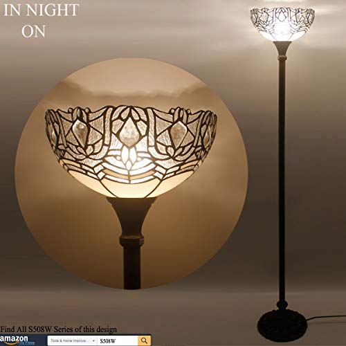 Werfactory Tiffany Floor Lamp White Crystal Stained Glass Light 12X12X66 Inches Pole Torchiere Standing Corner Torch Uplight Decor Bedroom Living Room Home Office S508W Series #TOP1