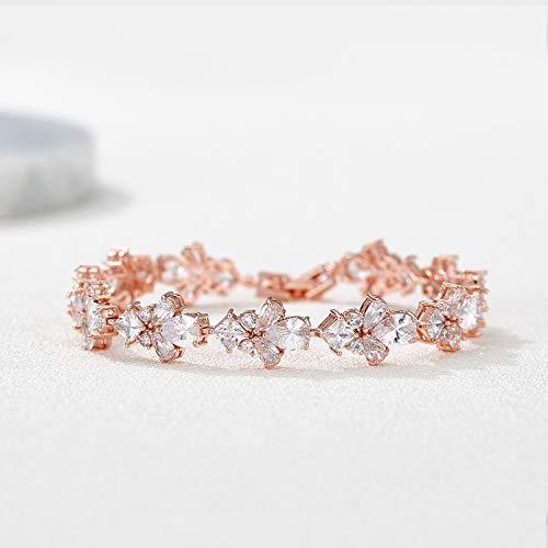 Sweetv Teardrop Rose Gold Cubic Zirconia Wedding Tennis Bracelets For Women, Crystal Rhinestone Bridal Bracelets For Brides, Bridesmaid #TOP1