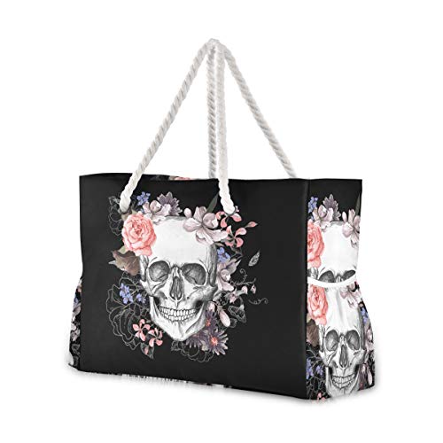 ALAZA Beach Bag, Sugar Skull Floral the Day of Dead Travel Tote Bags for Camping, Exercise