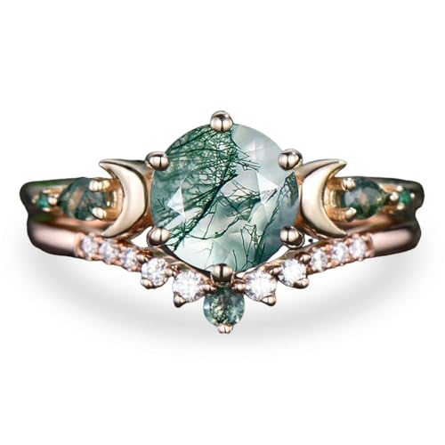 10K 14K 18K Rose Gold 2CT Round Natural Moss Agate Engagement Ring Set for Women 925 Sterling Silver 8mm Genuine Green Moss Agate Leaf Art Deco Bridal Wedding Ring Set (Size 4-15)