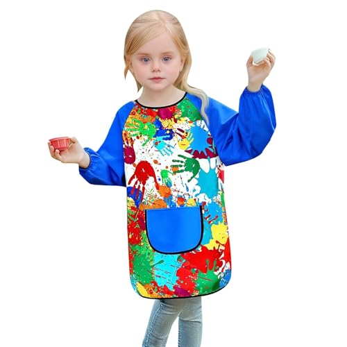 Camisa de Niño-Delantal Manga Larga para Niños Niñas Ropa Protectora Bolsillo Manualidades Edades 2 a 13 Años Cuello Estampado Uso Diario Recreativo Escolar (Blue, 4-6Years)