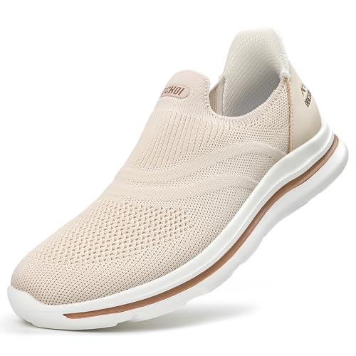 ODCKOI Slip On Sneaker Herren Ohne Schnürsenkel Schuhe Outdoor Sportschuhe Laufschuhe Leichtgewichts Atmungsaktiv Hand-Free Freizeit Straßenlaufschuhe Beige MISE-42