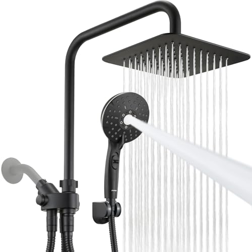 Ryamen Dual Shower Head Combo 8 High Pressure Rain Shower Head with Handheld Spray 6+1 Spray Settings Handheld Showerhead Height Adjustable One-touch Pause Button Matte Black