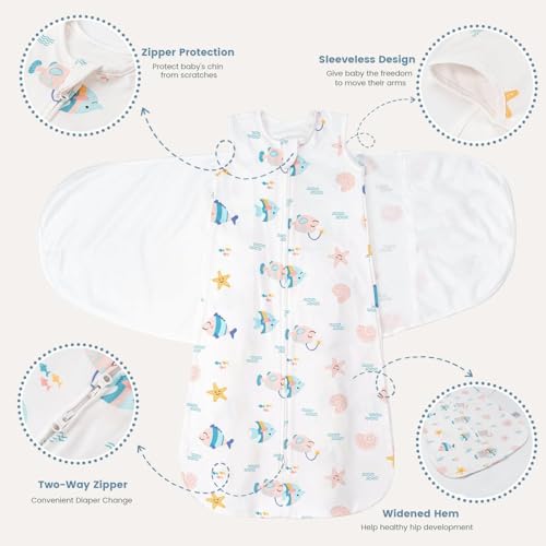 Image of ZIGJOY Sleep Sack Swaddle 1.0 Tog Baby Wearable Blanket 100% Cotton Baby Swaddle Blanket for Newborns 6-12 Months Ocean&Pink