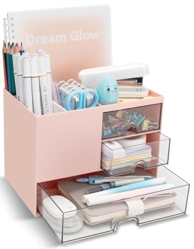 Image of Shuttle Art Desk Organizer with Drawers for Office & Study | Multi-Functional Stationery Drawers for Students, Home Office, Makeup & Accessories | Cute Aesthetic Pen Holder Stand with Storage (Pink)