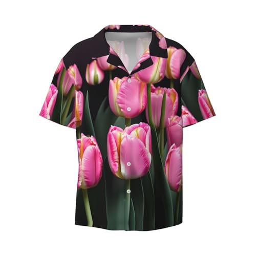 OdDdot Roze en Tulpen Print Print Heren Overhemden Atletisch Slim Fit Korte Mouw Casual Business Button Down Shirt, Zwart, L