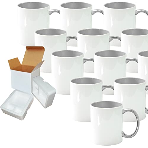 TWISTED ENVY Mugsie Pack of 12 Pack of 11OZ SILVER inner & Handle Sublimation Mug Coated Ceramic Mugs - Professional Grade - Sublimation Series - Cardboard Box with Foam Supports