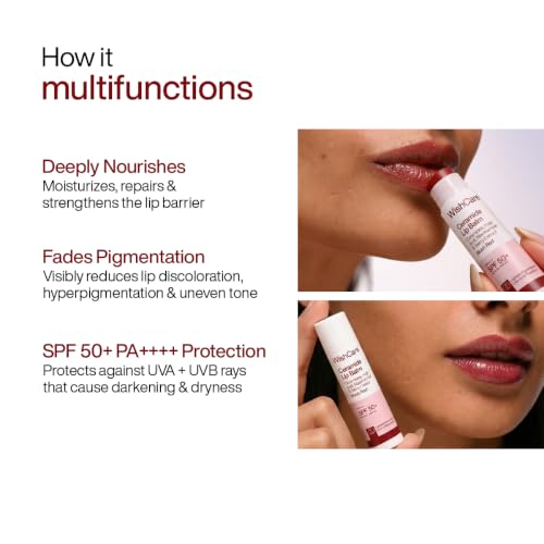 Image of WishCare Tinted Lip Balm SPF 50 PA++++ | Brightening Lip Balm for Dark Lips | In-Vivo Tested | Kojic Acid & Niacinamide | For Women | 5g (Blush Red)