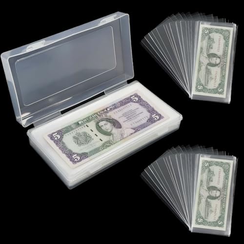 200 Pcs Currency Sleeves with Storage Box for Collectors, Plastic Dollar Bill Holder for Paper Money, Coins, Banknotes, Collectibles, Money Protector for Bills, Album, Stamps