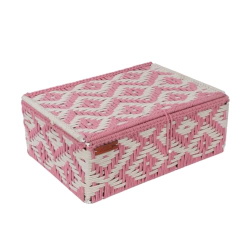 Image of Kaahira Handmade Decorative Storage Box and Organiser | Macrame Gift Hamper Box for Cosmetics, Toiletries & Return Gifts | Aesthetic Rope Woven Organizer (Pink and White, Large - 14x10x4)