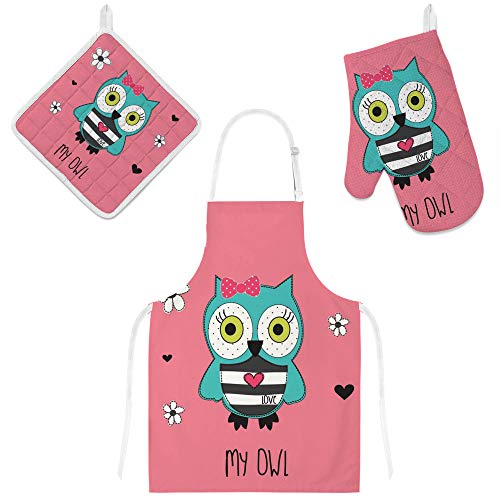 Tablier de cuisine chouette rose et ses gants pour cuisiner en famille