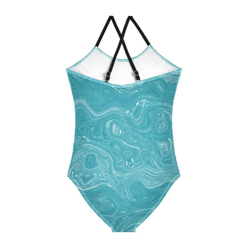 Aegean Teal Mottled Swirl Marble Girls 1 Piecing Swimsuits Swimsuits for Teen Girls Kids Bathing Suits2