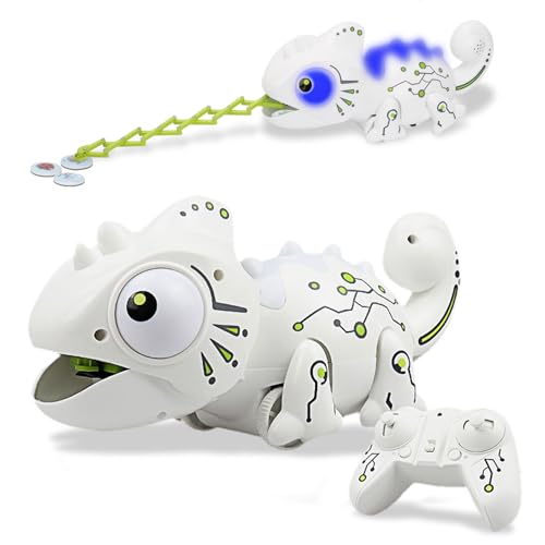 OSQI Interactive Remote Control Chameleon Simulation Toy for Kids - 2.4GHz RC Reptile with 5 Sound Effects, 12 Color Lights, Extending Tongue & Wagging Tail, Children Aged 3-12 Discovery Toys (White)