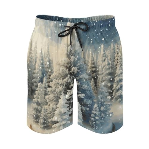 Mens Shorts Snow Wonderland Pine Tree Christmas Men Swim Trunks Quick-Dry Beach Shorts with Drawstring Pocket Bathing Suit 3XL4
