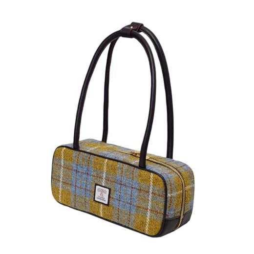 Harris Tweed Bolsa de ombro feminina feita à mão vintage de lã com detalhes de couro de grão superior retrô retangular bolsa pequena estruturada para outono e inverno, Tartã amarelo