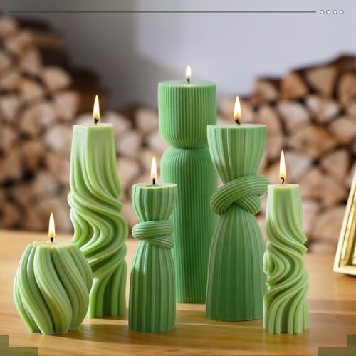6 Pcs Ribbed Pillar Candles Modern Aesthetic Ribbed Decorative Candle Set Cute Soy Wax Scented Decor for Home(Green)