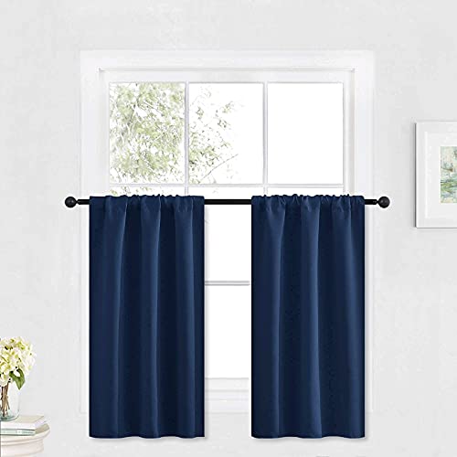 RYB HOME Blackout Curtains Small Window Decor Light Block Thermal Insulated Drapes for Bedroom Bathroom Kitchen Cabinet, W 29 x L 36 inch, Navy Blue, 2 Panels