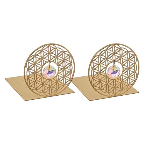 moses. Omm for You Buchstützen Kristall – dekoratives Buchständer Set aus Metall, mit Sonnenkristall und Blume des Lebens, Yoga-Deko im 2er Set, Gold