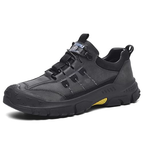 Men's Genuine Leather Platform Leisure Hiking Shoes Fashion Round Toe Lace-Up Lightweight Non-Slip Outdoor Mountain Trainers