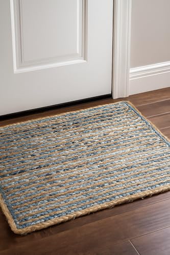 Image of Handwoven 2x3 Denim Jute Square Rug, Natural Fibers, Braided Reversible Carpet for Stylish Bedroom Living Room Dining Room Kids Room (2x3 feet, Blue & Beige)