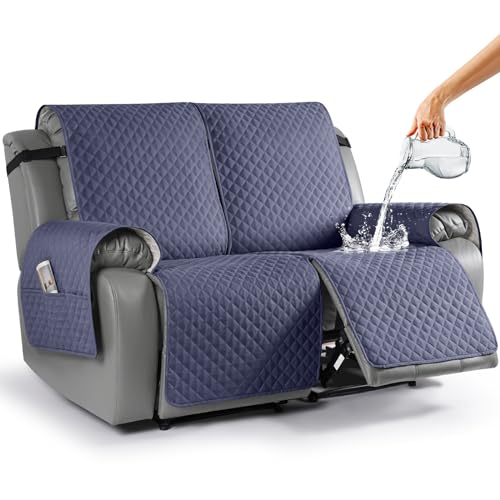 TAOCOCO Waterproof Recliner Loveseat Cover Non-Slip Sofa Slipcover, Pet Couch Cover for Loveseat Recliner with Straps, Washable Reclining Loveseat Cover Furniture Protector (2 Seater, Bluish Gray)